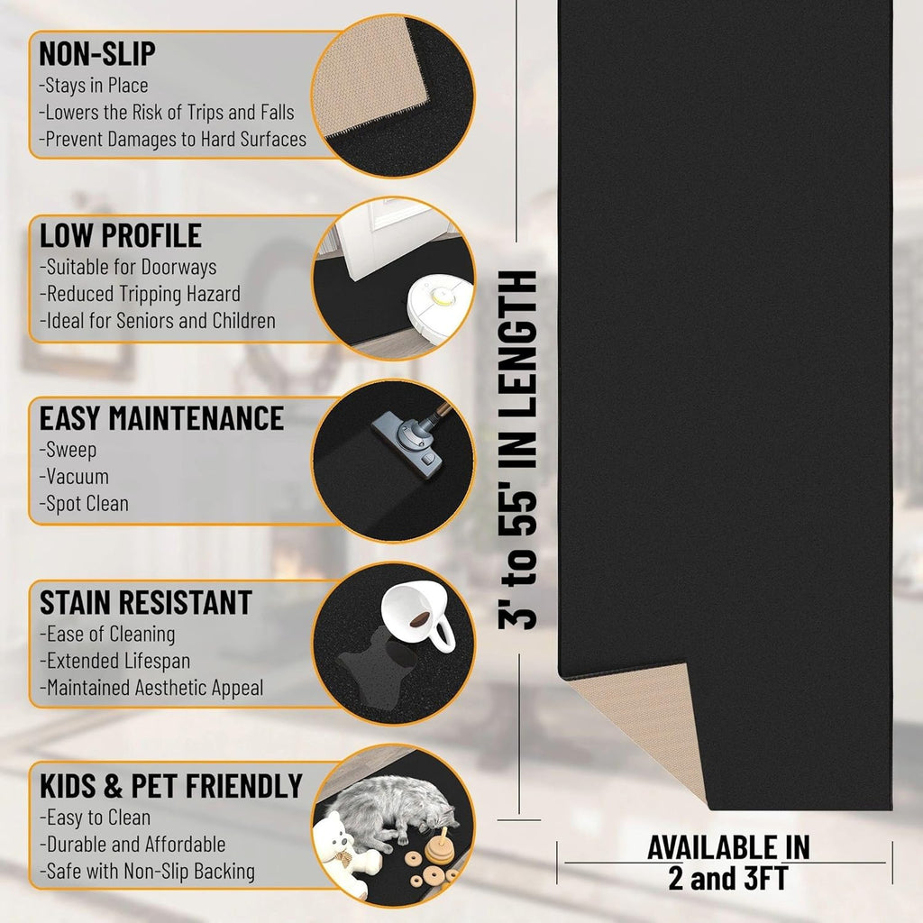 3x22 Extra Long Hallway Runner Rug - Stair Carpet Runner | 22ft Non-Slip Rugs Runner - Black Solid Th Floor Mat, 31"