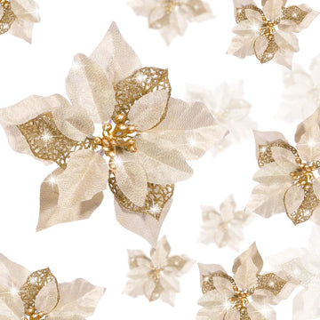 Christmas Artificial Glitter Poinsettia Flowers Xmas Flowers Wedding Christmas Tree New Year Ornaments(Gold) - Set of 24