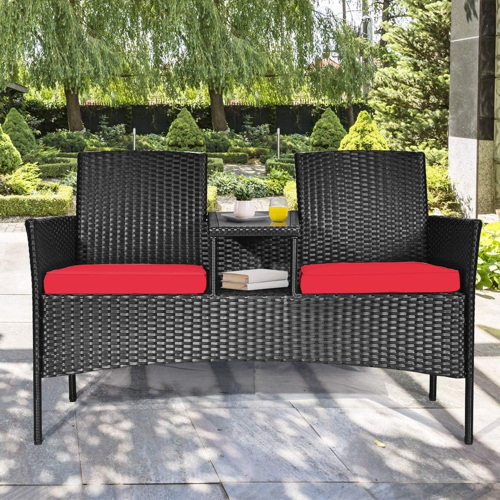 Wicker Patio Conversation Furniture Set, Outdoor Furniture Set with Removable Cushions & Table, Tempered Glass Top
