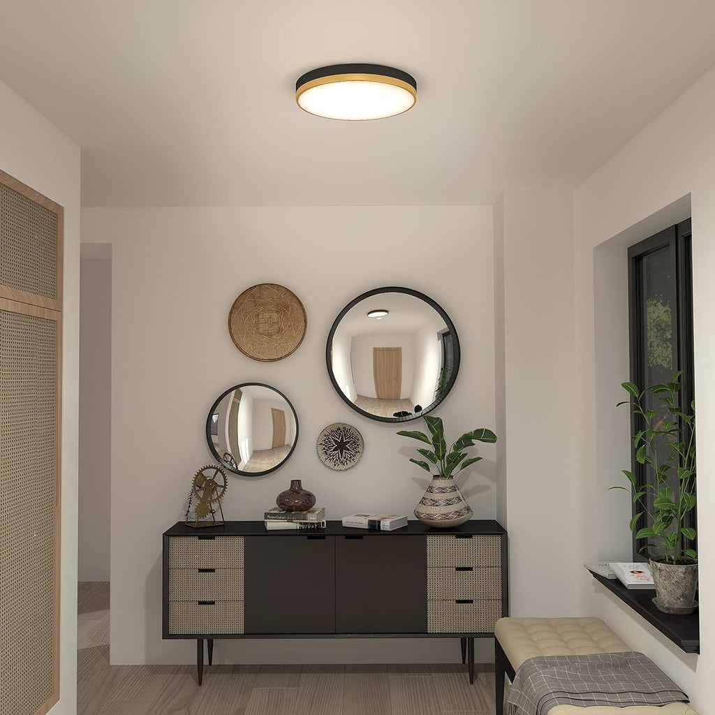 Modern LED Flush Mount Ceiling Light with Glass Diffuser - Matte Black and Gold, Dimmable