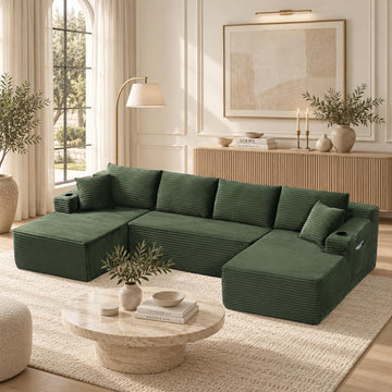 134" Boneless Couch, U-Shaped Modular Sectional Sofa, Green
