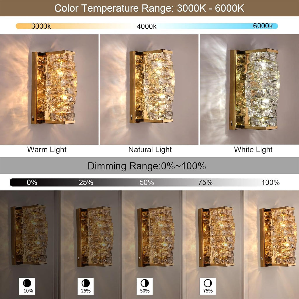 Gold Crystal Wall Sconce, Modern Dimmable LED Sconces Wall Lighting, Luxury Vanity Light Fixture Bathroom Wall