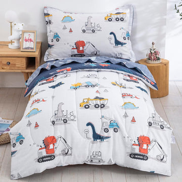 Cotton Twin Bedding Set, Dinosaur Cars Reversible Twin Comforter Set for Kids Boys Girls, 4 Pieces Bed in a Bag