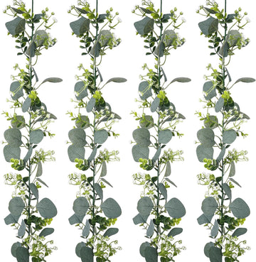 Artificial Eucalyptus Garland with White Flowers,5.9FT Greenery Garland Fake Vines Hanging Green Garlands - Set of 4