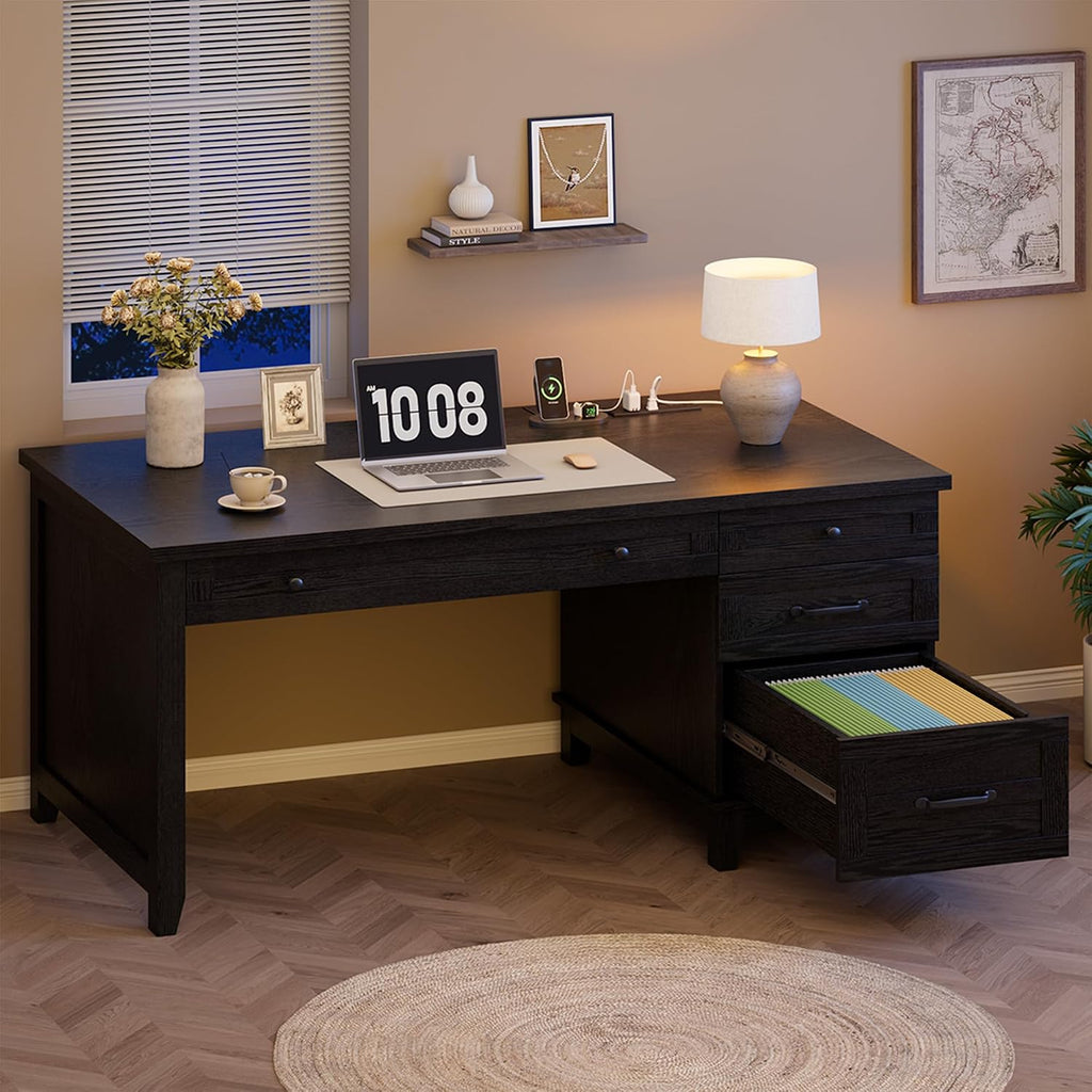 Farmhouse Executive Desk with Drawers, 53.54 in Home Office Desk with Charging Station