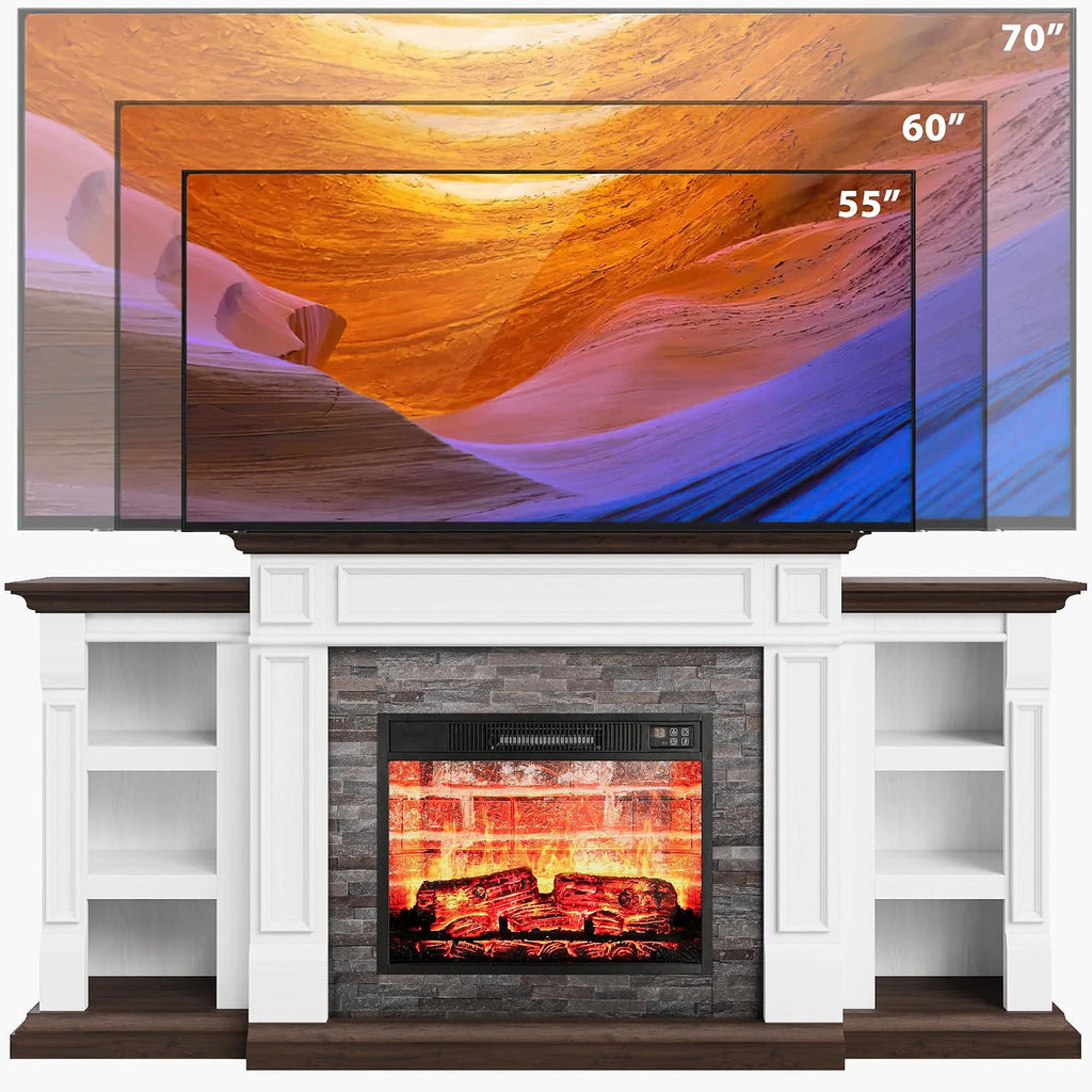 72" Electric Fireplace with Mantel and Cabinets, Fireplace TV Stand for Living Room Bedroom, Stacked Stone Surround