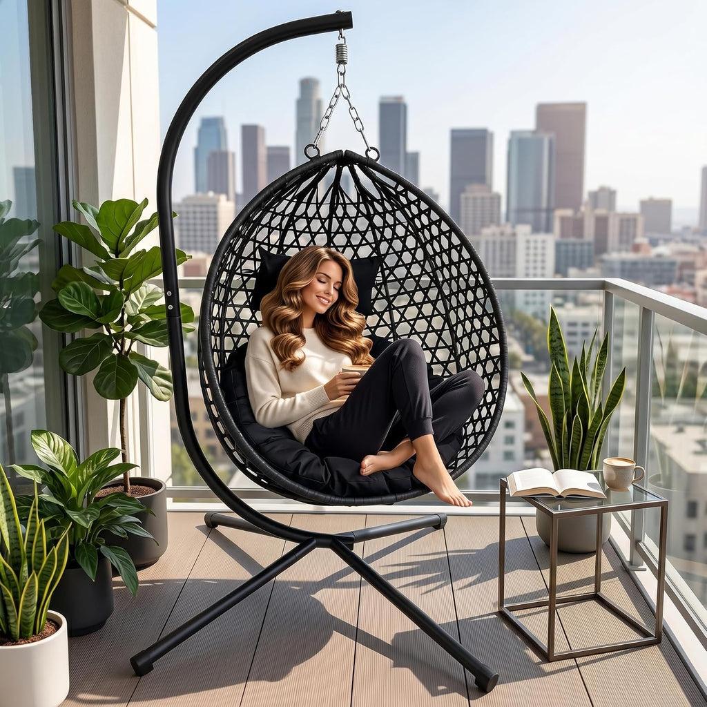 Foldable HDPE Rattan Hanging Egg Chair with Stand Aluminum Steel Frame Indoor Outdoor Swing Basket Hammock Seat