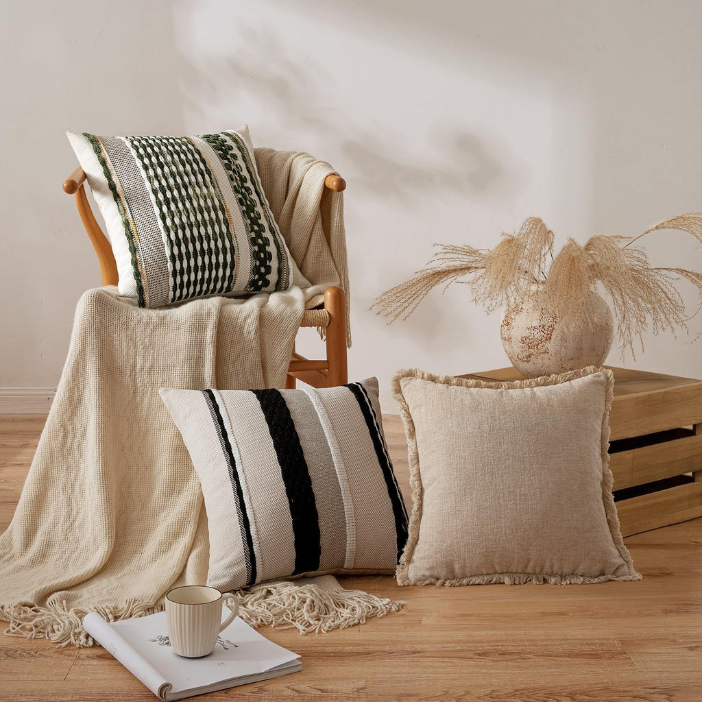 Pack of 2 Boho Decorative Throw Pillow Covers 18x18 Farmhouse Cushion Case Striped Chenille Pillow Cases Square