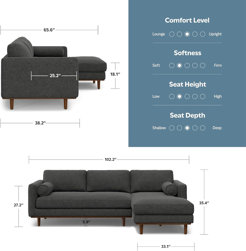 Morrison Right Sectional Sofa in Woven-Blend Recycled Polyester Fabric, Charcoal Grey, 102-inches Wide, L-Shaped