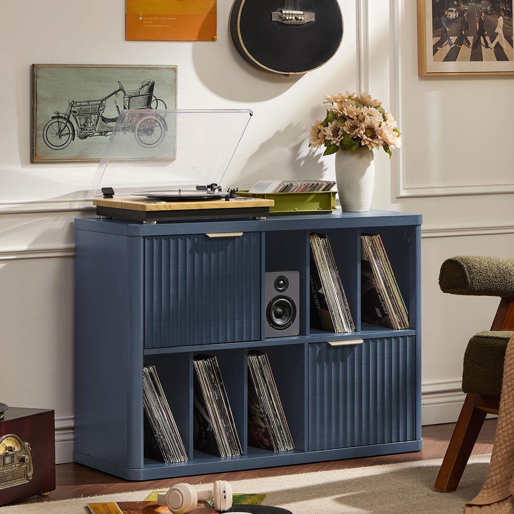 Large Record Player Stand with Vinyl Storage, 39.5" Modern Wood Records Storage Cabinet for Speakers, Mid Century