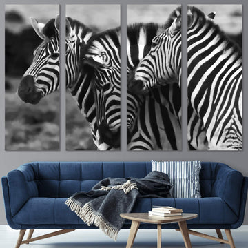 4 Pieces Modern Canvas Wall Art Herd of Zebras Home Decorations - 12"x32"x4 Panels