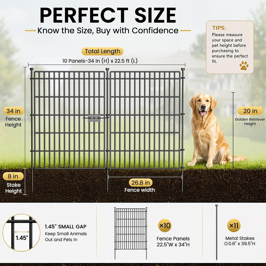 10 Panels No Dig Garden Fence with Gate, 34in(H) × 22.5ft(L) Decorative Metal Outdoor Dog Fence, Rustproof Pet