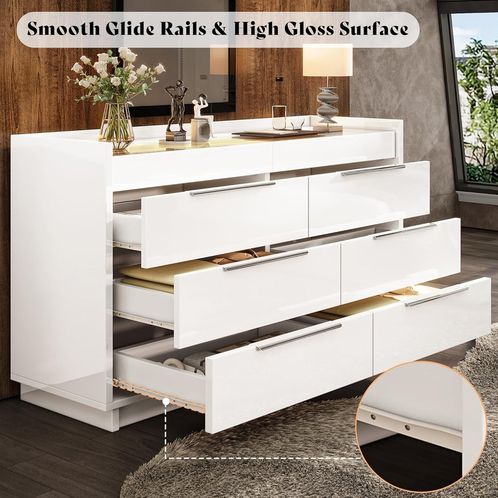 47.2" W 8-Drawer Dresser with Glass Top, High Gloss, White | Wide Dresser, 2 Jewelry Drawers, LED Lighting, Spacious