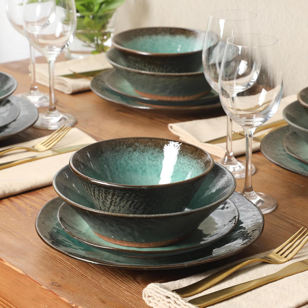 Green Lantern Service for 4 (16 Piece) Double Bowl Dinnerware Set, Teal, Soft Gray, Dinnerware Set