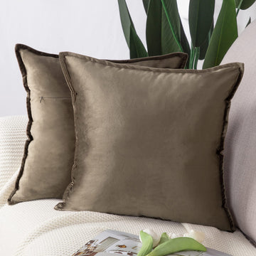 Set of 2 Super Soft Velvet Decorative Throw Pillow Covers 24x24 inch Brown Square with Fringe Luxury Style Cushion