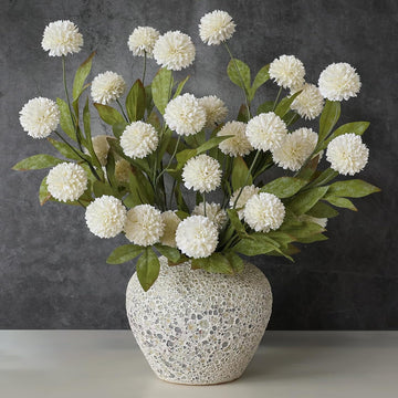 6 Pcs 27" Faux Silk Pompon Mum Artificial Flowers for Vase(Cream) | Bulk Fake Chrysanth Branches with Stems, for DIY