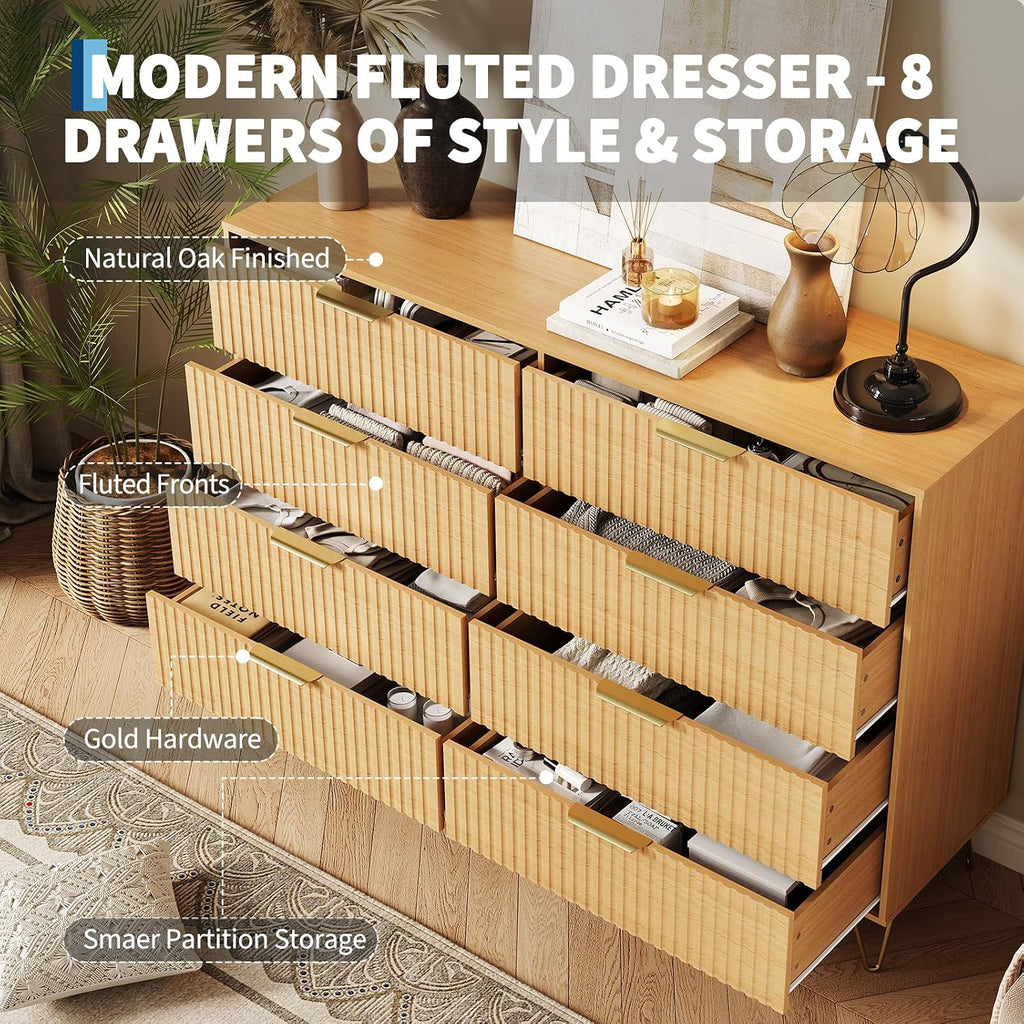 Fluted Dresser with 8 Drawers,55" Wide Modern Chest of Wooden Bedroom Chest with Metal Handle,Clothes Storage