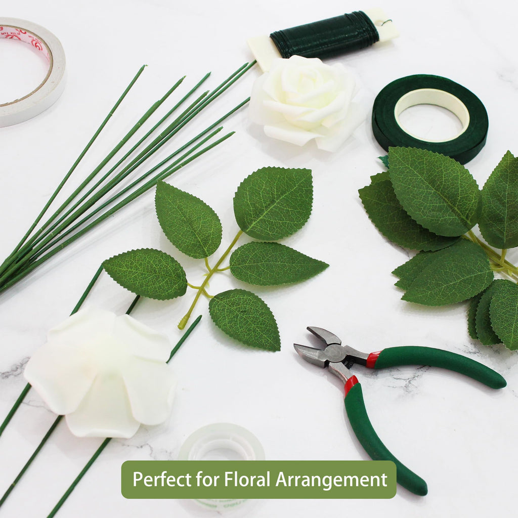 100 Pcs Artificial Rose Leaves Bulk (1 Stem 5 Large-Leaf Green)