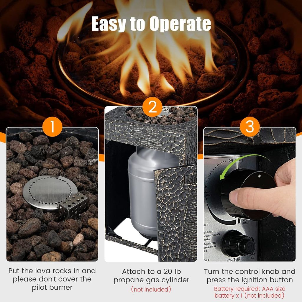 16 Inch Patio Propane Fire Pit, Patiojoy Electronic Ignition Square Gas Fireplaces with Protective Cover