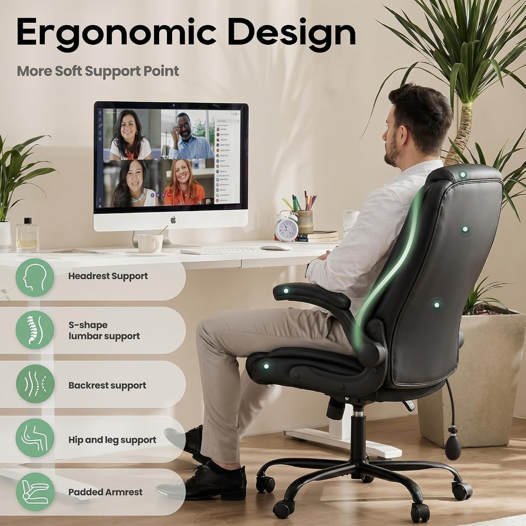 Leather, Computer Desk Chair with Adjustable Lumbar Support, Thick Cushion, Flip-Up Arms and Ergonomic Back, Comfy
