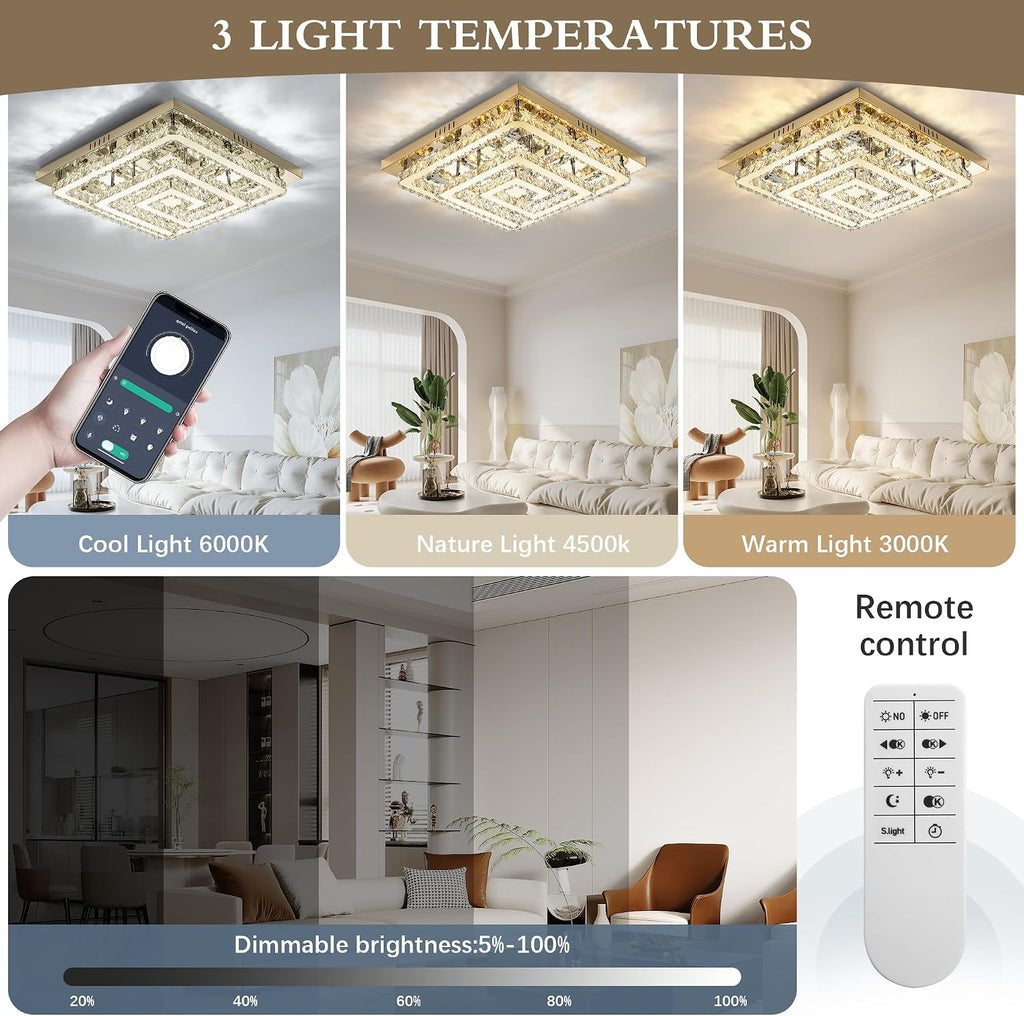 34" Modern Gold Crystal Chandelier with Remote/App Control, Dimmable Flush Mount Ceiling Light Fixture,3-Color
