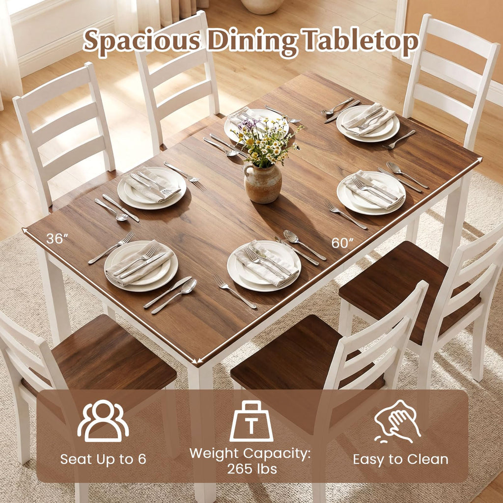 7-Piece Dining Table Set for 6, Rectangular 60-inches Kitchen Table and 6 Dining Chairs with Rubber Wood Legs