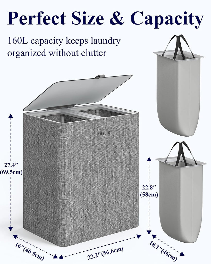 Laundry Basket 160L, 2-Compartment Sorter, Removable Bags | Laundry Room, Bathroom, Bedroom, Families, Large
