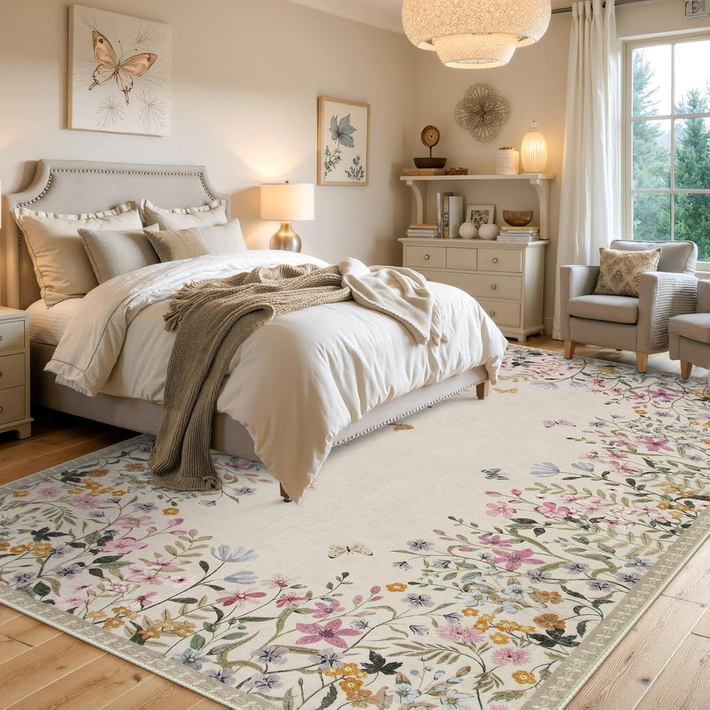 Washable Area Rugs, Large Living Room Rug, Non-Slip Soft Floral Rugs for Bedroom, Botanical Area Rug Carpet for