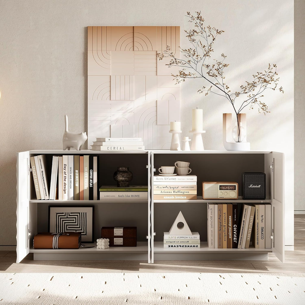 59" Modern Buffet Sideboard Cabinet, Artistic 3D Texture Storage Cabinet with 4 Doors, Freestanding Credenza Buffet