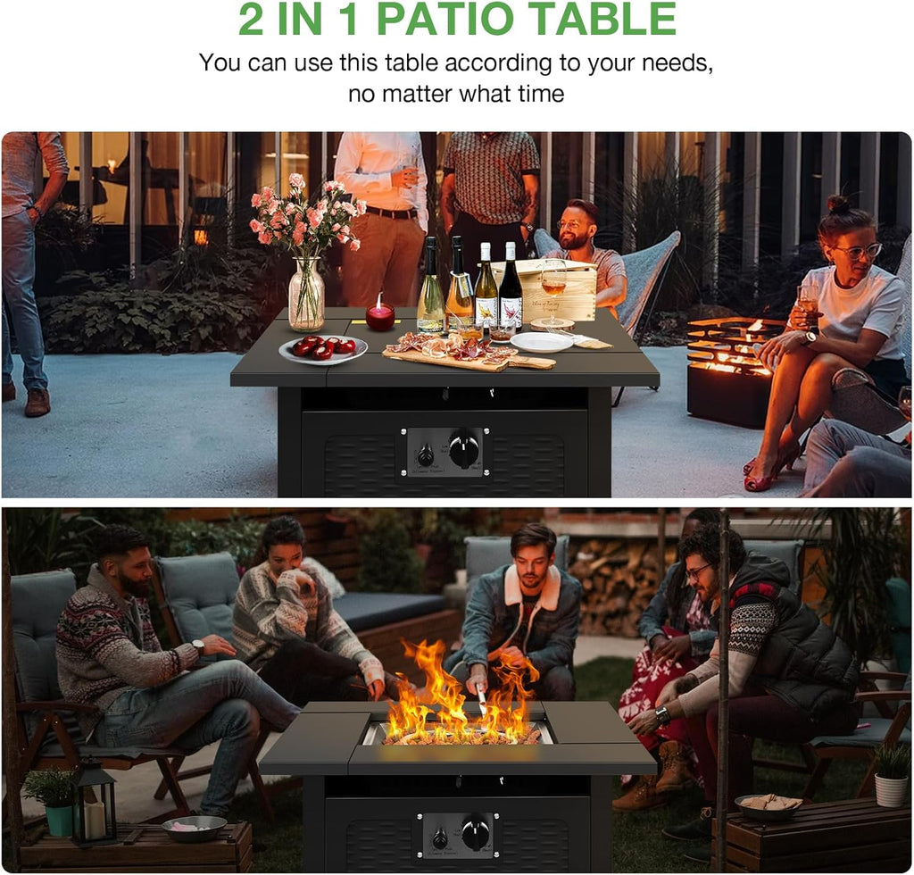 28 inch Fire Pit Table, 50000 BTU Patio Heater, 2 in 1 Outdoor Gas Fire Pit with Removable Lid & Lava Stone