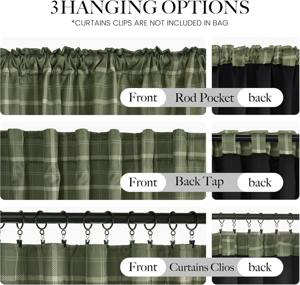 Olive Green Farmhouse Gingham Tiers Kitchen 100% Blackout Curtains, Buffalo Plaid Check Half Window