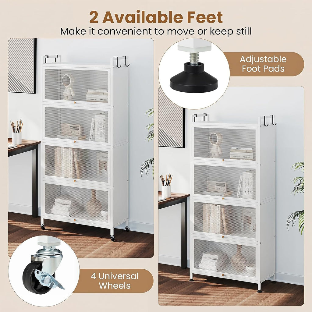 5-Tier Kitchen Storage Cabinet, 4 PC Doors, Rolling Wheels (White) | Mobile Metal Pantry Cabinet with 4 Hooks &