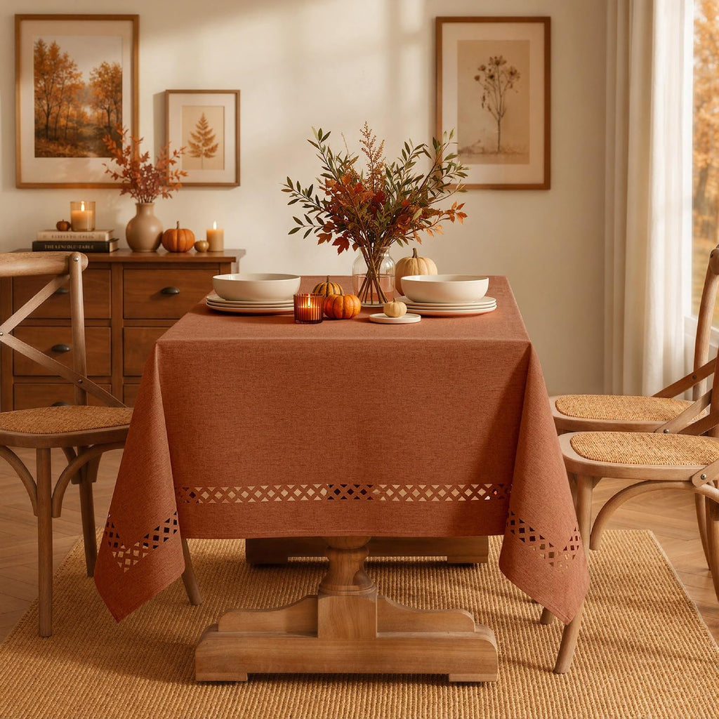 Rust Fall Rectangle Tablecloth with Decorative Cutouts 60x84 Inch