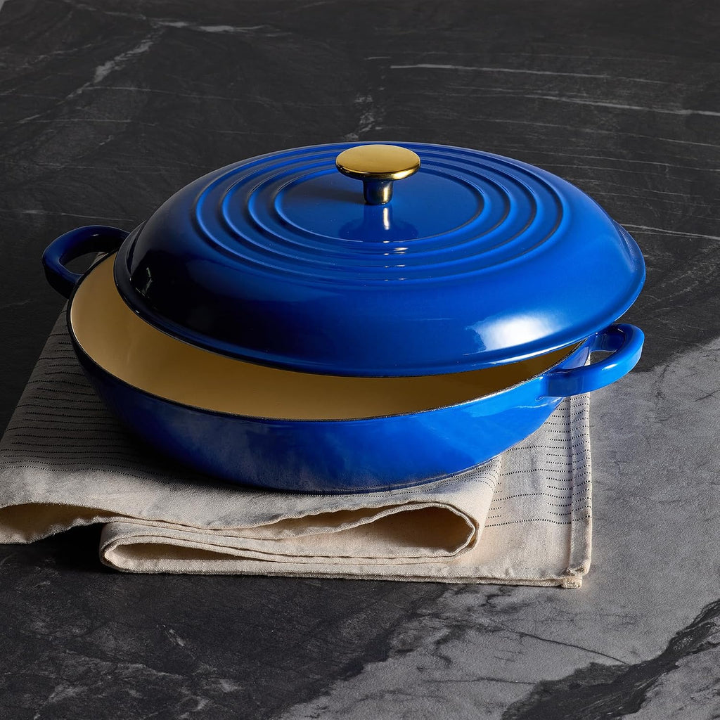3.4QT Enamel Cast Iron Cookware, Skillet with Lid, Blue Dutch Oven | Shallow Round Braiser Pan Oven Safe, Non-Toxic