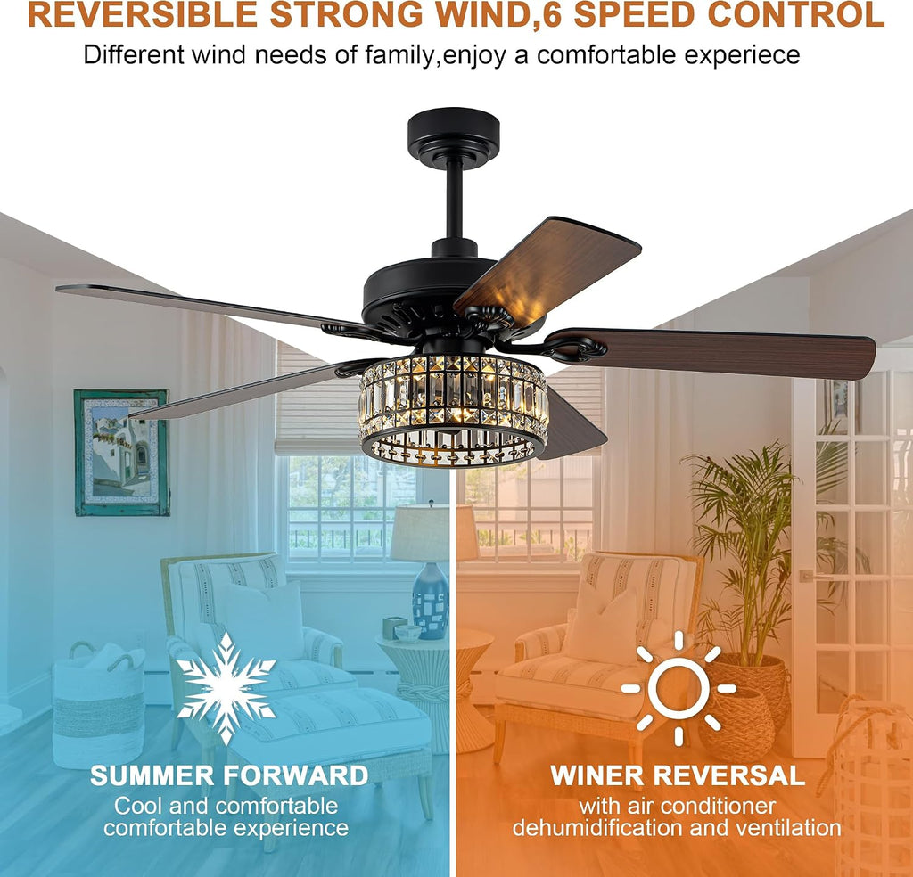 52" Black Crystal Ceiling Fan with Light, Modern Chandelier Fan with Remote
