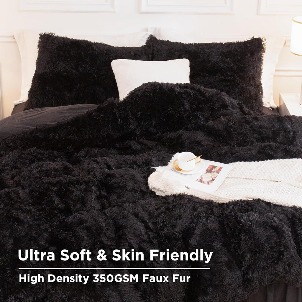 Comforter Set Black, Fluffy Winter Faux Fur Warm Soft Plush Bedding Comforter Set (1 Velvet Comforter & 2
