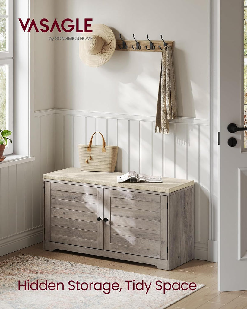 Shoe Storage Bench with Cushion, 3-Tier Entryway Bench with Padded Seat, Doors, Adjustable Shelves, 14 x 39.8 x 20.7