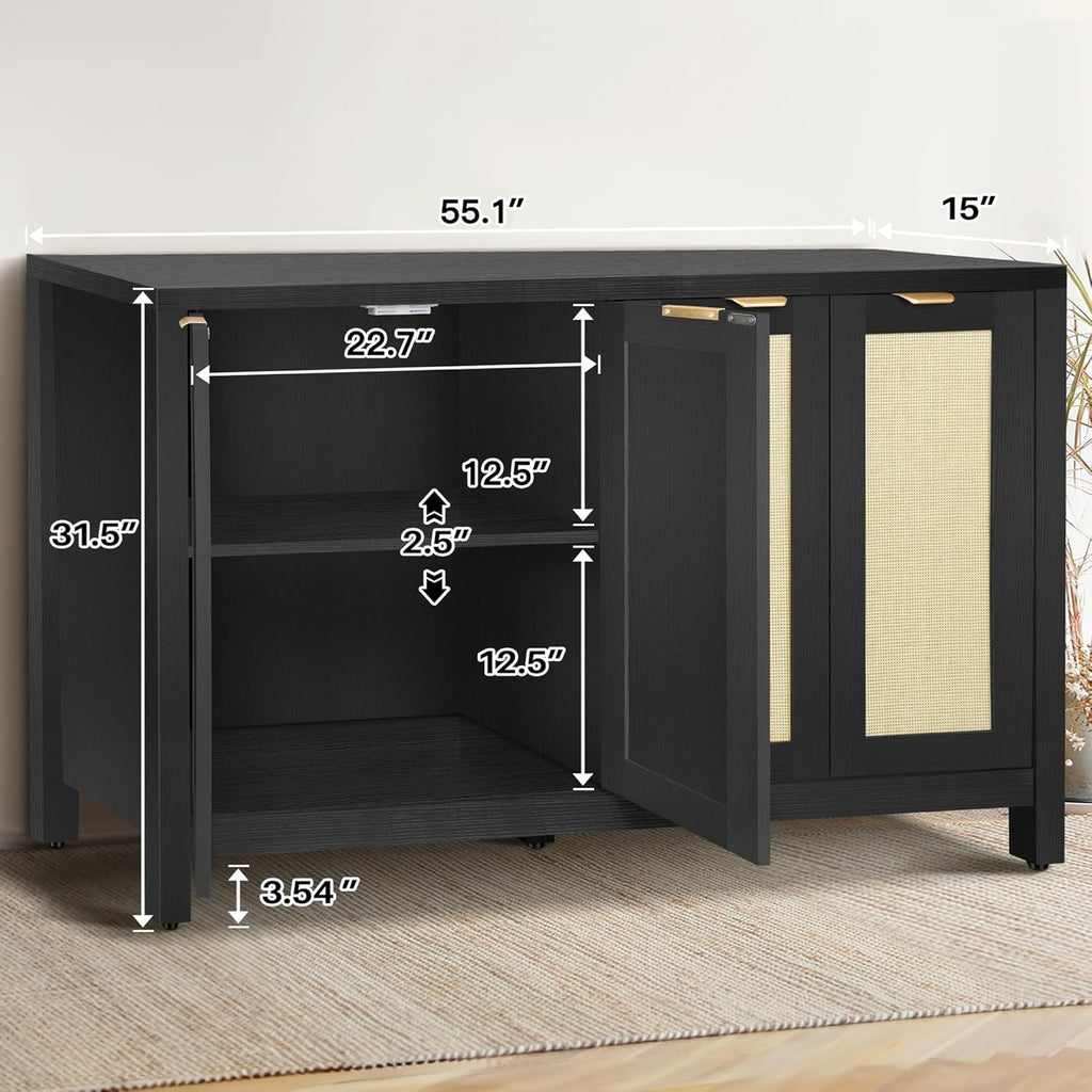 Rattan Sideboard Buffet Credenza Cabinet - Large Farmhouse Kitchen Coffee Bar Cabinet with 4 Rattan Door Storage for Entryway Living Room, 55" x 15" x 31.5" (Black)
