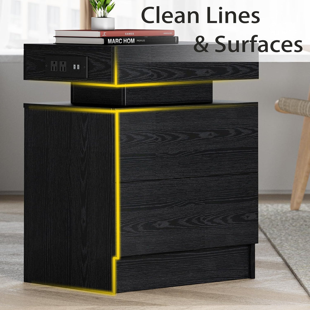 Nightstand with Charging Station LED Light and 2 Drawers Black | bedside table; end table; charging station; LED
