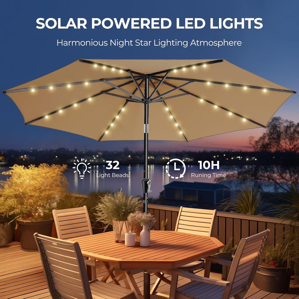 9ft Solar Patio Umbrella - Solar Lights LED Lighted Outdoor Market Table Umbrella