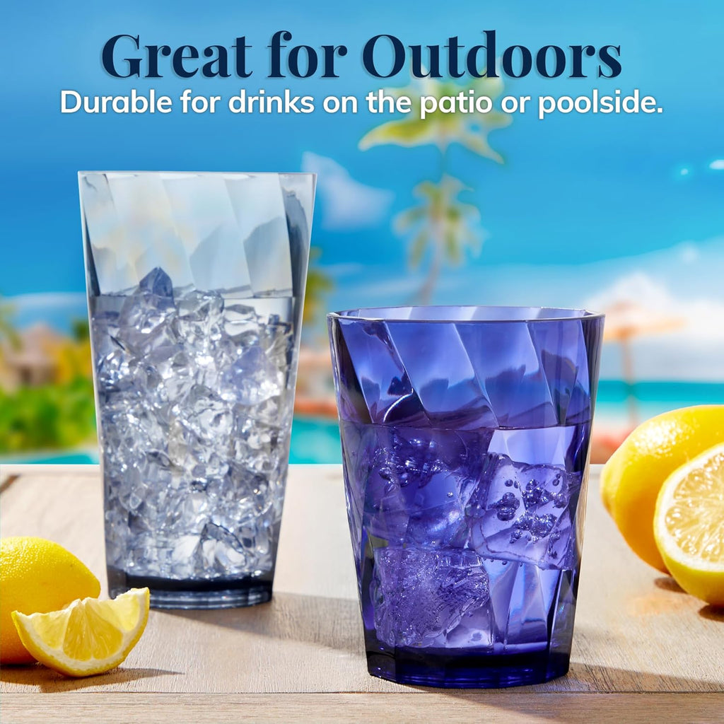 Optix Plastic Reusable Drinking Glasses (Set of 16) 14oz Rocks & 20oz Water Cups in Coastal Colors | BPA-Free