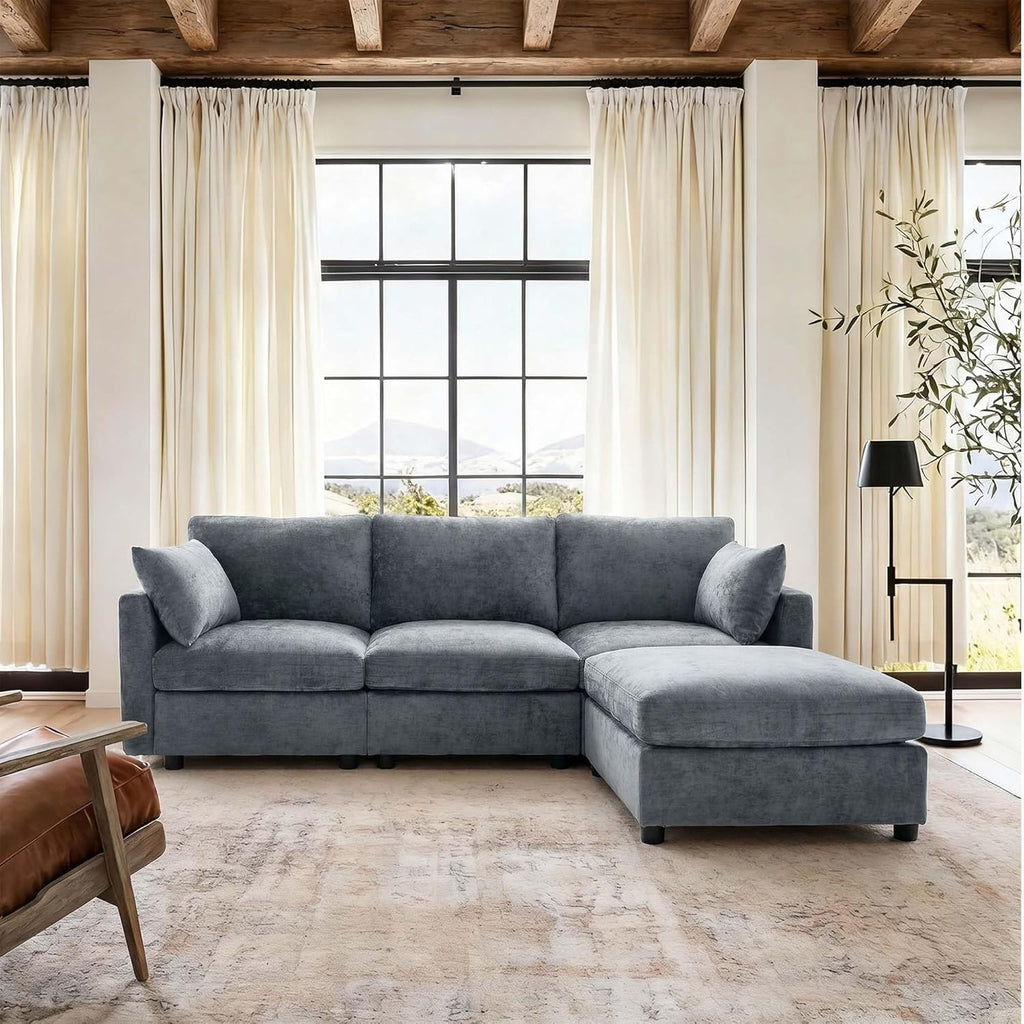 Sectional Couch , Comfy L Shaped Convertible Sofa, 4 Seater Modern Chenille Sofa with Ottoman, Grey