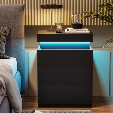 Black Nightstand with Charging Station and LED Lights | Modern Night Stand with Sliding Top,Bedside Table with