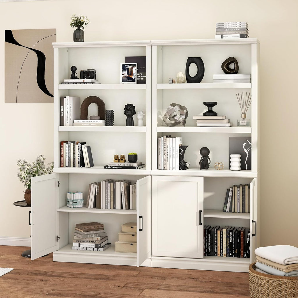 5 Shelf Tall Bookcase with Doors White Bookshelf 31in Wide Display Standing Shelf 72in Tall Wood Book Shelves Library