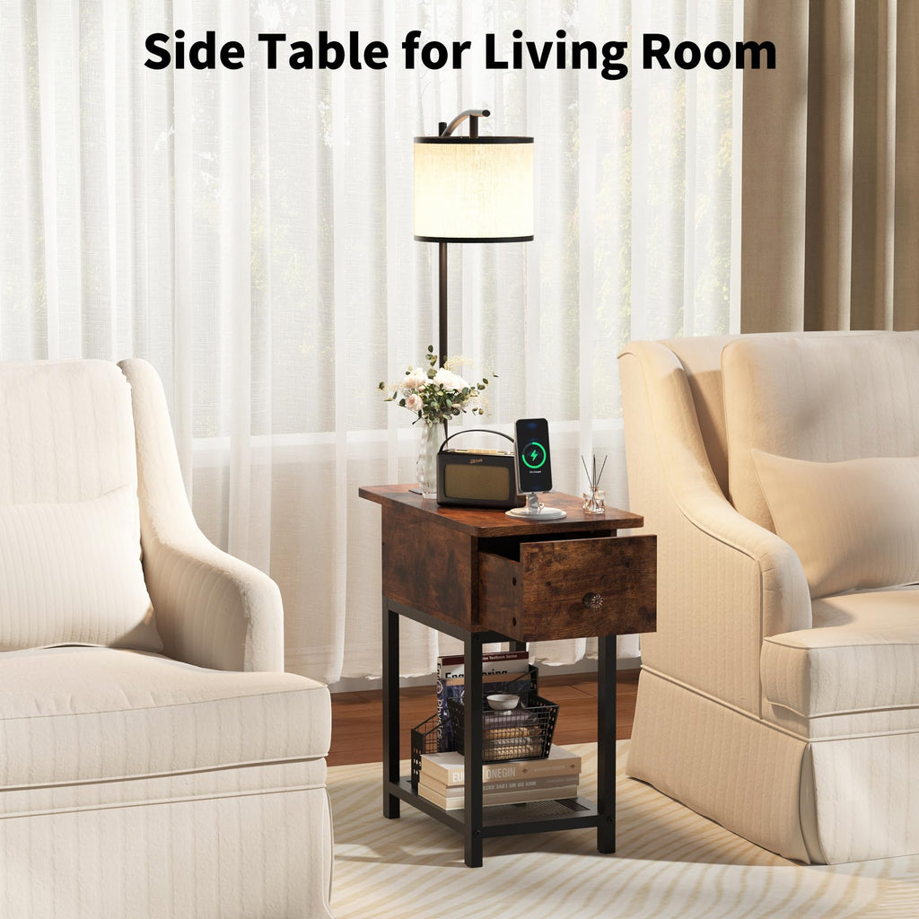 Floor Lamp with Table, Narrow Side Table with Charging Station