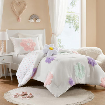 Kids Comforter Set for Girls, Tufted Chenille Floral Comforter Set, Lightweight Polka Dot Comforter
