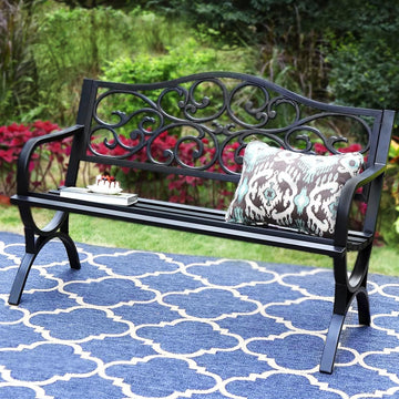 50 Inches Cast Iron Steel Frame Outdoor Garden Bench, Black | E-coating Floral Design Backrest, Slatted Seat