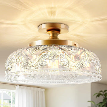 Semi Flush Mount Ceiling Light, 12 Inch Large Gold Ceiling Light Fixture, 3-Light Globe Glass Farmhouse Kitchen
