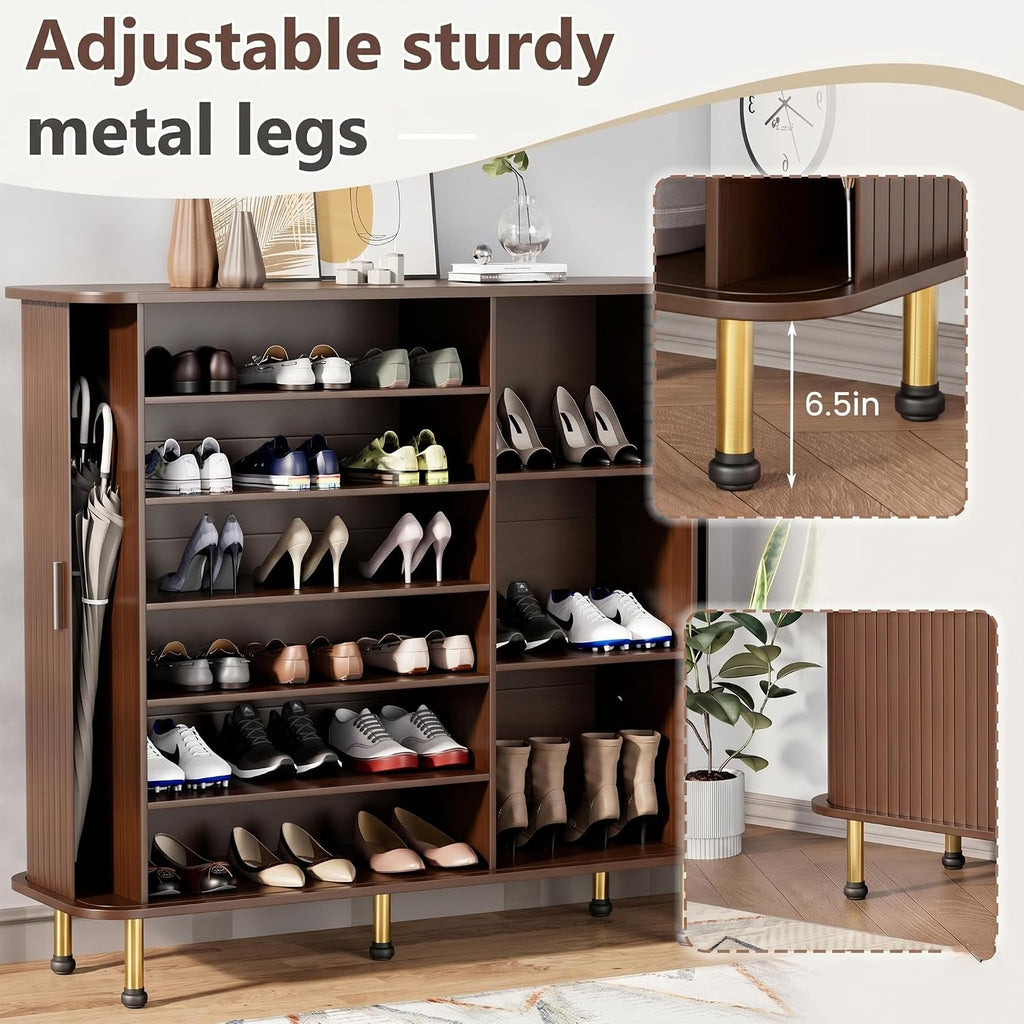 6-Tier 47'' Shoe Cabinet with Sliding Door, Wooden Shoe Storage Cabinet with Adjustable Shelves, Mid-Century Modern