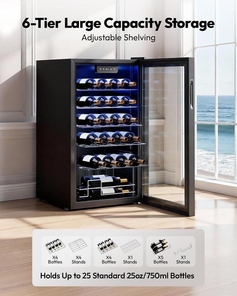 25 bottle Wine Cooler Refrigerator, Freestanding Compressor Wine Fridge with Adjustable Temperature and Digital